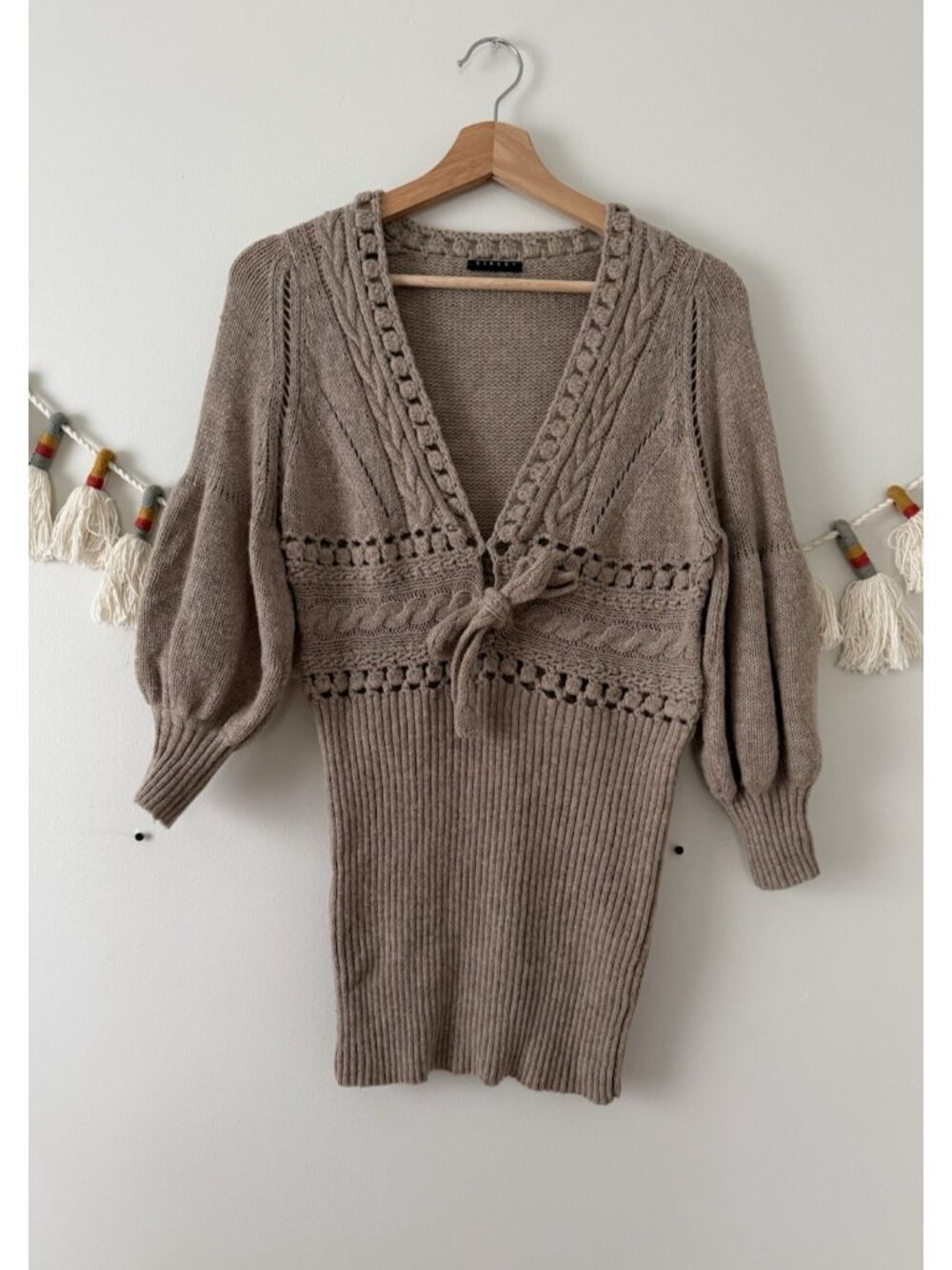 Sisley Pointelle Knit Wool Blend Puff Sleeve Tie Front Sweater Jumper Y2K Brown